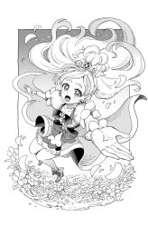 Rule 34 | 1girl, :d, blush, boots, commentary request, cure flora, dress, earrings, eyelashes, gloves, go! princess precure, gradient background, greyscale, hair ornament, happy, haruno haruka, highres, jewelry, long hair, looking at viewer, magical girl, monochrome, multicolored hair, open mouth, precure, puffy short sleeves, puffy sleeves, sharumon, short sleeves, smile, solo, streaked hair, two-tone hair