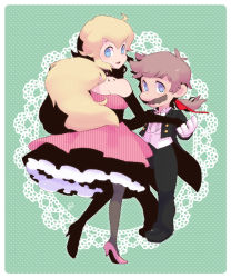 Rule 34 | 1boy, 1girl, alternate costume, bare shoulders, blonde hair, blue eyes, brown hair, couple, dancing, doily, dress, elbow gloves, facial hair, formal, ghost-pepper, gloves, green background, height difference, hetero, high heels, highres, long sleeves, looking at viewer, looking back, mario, mario (series), mustache, nintendo, no headwear, open mouth, pantyhose, pink dress, ponytail, princess peach, shoes, simple background, smile, suit