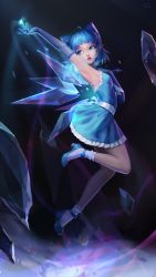 Rule 34 | 1girl, ahoge, alternate costume, arm up, armpits, black background, blue choker, blue dress, blue eyes, blue footwear, blue gloves, blue hair, bobby socks, bow, breasts, choker, cirno, crystal, dress, elbow gloves, flying, frilled dress, frilled socks, frills, full body, gloves, glowing, hair bow, hand on own chest, high heels, highres, ice, jewelry, leg lift, light particles, light trail, lips, looking back, looking up, necklace, outstretched hand, parted lips, pendant, pointy ears, pumps, sarena, sash, short hair, sleeveless, sleeveless dress, small breasts, socks, solo, teeth, touhou, upper teeth only, white socks, wings