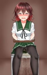 Rule 34 | 1girl, arms behind back, bdsm, black pantyhose, black ribbon, blush, bondage, bound, breasts, brown background, brown hair, chair, crying, embarrassed, female focus, gradient hair, green sailor collar, green skirt, half-closed eyes, have to pee, highres, indoors, kantai collection, looking at viewer, multicolored hair, mutsuki (kancolle), nabuki32, open mouth, pantyhose, peeing, peeing self, pleated skirt, red eyes, red hair, ribbon, rope, sailor collar, shirt, short hair, short sleeves, simple background, sitting, skirt, solo, tears, trembling, wet, wet clothes, white shirt