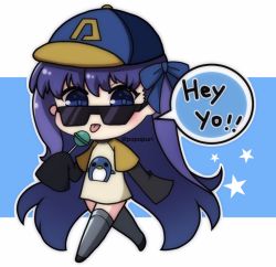 Rule 34 | 1girl, baseball cap, black footwear, blue background, blue bow, blue eyes, blue hat, blush, bow, candy, chibi, commentary request, english text, eyewear pull, fate/grand order, fate (series), food, full body, grey thighhighs, hair between eyes, hair bow, hat, highres, holding, holding candy, holding food, holding lollipop, layered sleeves, lollipop, long hair, long sleeves, looking at viewer, meltryllis (fate), meltryllis (swimsuit lancer) (first ascension) (fate), popo (popopuri), purple hair, raglan sleeves, shirt, short over long sleeves, short sleeves, sleeves past fingers, sleeves past wrists, solo, speech bubble, star (symbol), sunglasses, thighhighs, tongue, tongue out, twitter username, two-tone background, very long hair, white background, white shirt