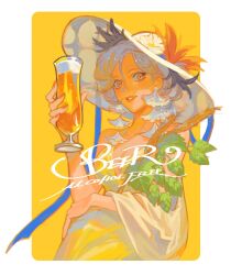 Rule 34 | 1girl, alcohol, bare shoulders, beer, beer glass, blue ribbon, border, breasts, brown eyes, cleavage, cup, dekooop, detached sleeves, dress, earrings, english text, hair between eyes, hand on own hip, hat, highres, holding, holding cup, jewelry, leaf, light brown hair, lipstick, looking at viewer, makeup, medium breasts, mole, mole under mouth, nail polish, orange nails, original, parted lips, ribbon, sidelocks, simple background, smile, solo, white border, yellow background, yellow dress