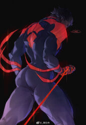 Rule 34 | 1boy, absurdres, animal print, arm blade, ass, bara, blue bodysuit, bodysuit, dark-skinned male, dark skin, feet out of frame, from below, glowing bodysuit, hair slicked back, highres, huge ass, looking at viewer, male focus, marvel, mature male, miguel o&#039;hara, muscular, muscular male, print bodysuit, rokuhashi 8, short hair, solo, spider-man: across the spider-verse, spider-man (series), spider-verse, spider print, standing, thick thighs, thighs, two-tone bodysuit, weapon