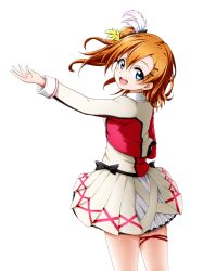 Rule 34 | 1girl, :d, black bow, blue eyes, blush, bow, commentary request, cropped jacket, hair between eyes, hair ornament, hairclip, highres, kosaka honoka, kuena, long sleeves, looking at viewer, looking back, love live!, love live! school idol festival, love live! school idol project, one side up, open mouth, orange hair, outstretched arm, pleated skirt, shirt, simple background, skirt, smile, solo, teeth, upper teeth only, white background, white shirt, white skirt