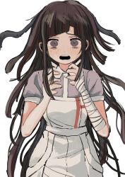 Rule 34 | 1girl, apron, bandaged arm, bandages, bian (higanp 1), blunt bangs, blunt ends, buttons, collar, collared shirt, commentary request, cowboy shot, danganronpa (series), danganronpa 2: goodbye despair, eyelashes, frown, highres, light blush, long hair, looking at viewer, messy hair, nervous, open mouth, parted bangs, puffy short sleeves, puffy sleeves, purple eyes, purple hair, purple shirt, purple sleeves, shirt, short sleeves, simple background, solo, straight-on, sweat, teeth, tsumiki mikan, upper teeth only, very long hair, white apron, white background, white collar