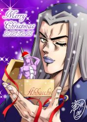 Rule 34 | 1boy, box, brown eyes, commentary request, dated, gift, gift box, grey hair, highres, holding, holding gift, jojo no kimyou na bouken, leone abbacchio, long hair, male focus, merry christmas, moody blues (stand), official style, one eye closed, portrait, purple lips, signature, snow, snowflake background, stand (jojo), taki reki, vento aureo