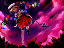Rule 34 | 1girl, blonde hair, cha kuro (limo), cloud, crazy eyes, crazy smile, embodiment of scarlet devil, female focus, flandre scarlet, from below, grass, hat, laevatein, moon, night, night sky, red eyes, ribbon, short hair, side ponytail, sky, smile, solo, touhou, wind, wings, yamikuro