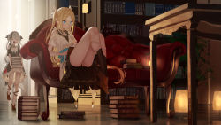 Rule 34 | 2girls, black choker, black dress, black hair, black ribbon, black socks, blonde hair, blue eyes, blush, book, book stack, bookshelf, brown footwear, checkered floor, choker, closed eyes, closed mouth, clothing cutout, commentary request, couch, dress, earrings, frilled dress, frills, full body, hair ribbon, highres, holding, holding book, indoors, jewelry, kneehighs, knees up, lamp, long hair, looking away, multicolored hair, multiple girls, on couch, open book, open mouth, original, parted bangs, plant, potted plant, reading, ribbon, saraki, shoes, short sleeves, shoulder cutout, sitting, socks, streaked hair, very long hair, white dress, white hair, white ribbon