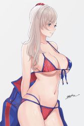 Rule 34 | 1girl, absurdres, american flag bikini, american flag print, bikini, blue eyes, breasts, bun cover, cleavage, closed mouth, dated, fate/grand order, fate (series), flag print, grey background, grey hair, highres, jacket, large breasts, long hair, miyamoto musashi (fate), miyamoto musashi (fate/grand order), miyamoto musashi (swimsuit berserker) (fate), miyamoto musashi (swimsuit berserker) (second ascension) (fate), odachu, print bikini, revision, signature, simple background, solo, star (symbol), stomach, swimsuit