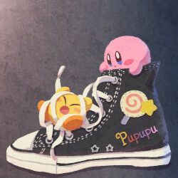 Rule 34 | black background, blue eyes, blush stickers, closed mouth, converse, highres, invincible candy, kirby, kirby (series), miclot, miniature, nintendo, no humans, open mouth, orange footwear, patch, shoelaces, shoes, sneakers, star (symbol)