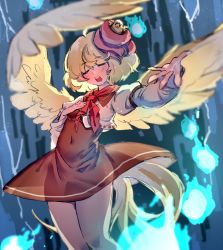 Rule 34 | 1girl, animal, animal on head, bird, bird on head, bird tail, bird wings, blonde hair, blush, brown dress, chick, dress, closed eyes, feathered wings, feet out of frame, highres, long sleeves, multicolored hair, niwatari kutaka, on head, open mouth, red hair, shouxishao jiuyuan, solo, tail, touhou, two-tone hair, wings, yellow wings