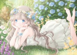 Rule 34 | 1girl, bare arms, barefoot, blue eyes, blue flower, blue rose, blurry, blush, bokeh, brick wall, commentary, day, depth of field, dress, english commentary, flower, garden, grass, head in hand, head rest, head wreath, highres, hoshiibara mato, leg lift, light blush, light brown hair, light particles, long hair, looking at viewer, lying, on stomach, original, outdoors, ribbon, rose, sleeveless, sleeveless dress, smile, solo, sundress, the pose, very long hair, white dress, white flower, white rose, wrist ribbon
