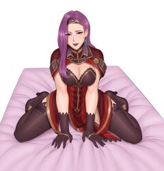 Rule 34 | 1girl, absurdres, anonbardos, bed, bed sheet, blush, breasts, brown eyes, commission, commissioner upload, earrings, eyeshadow, fire emblem, fire emblem echoes: shadows of valentia, gloves, highres, jewelry, kneeling, large breasts, long hair, looking at viewer, makeup, mature female, nintendo, non-web source, on bed, purple hair, smile, sonya (fire emblem gaiden), thighhighs, tiara
