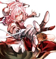 Rule 34 | 1girl, bandages, bun cover, chain, double bun, flower, hair bun, ibaraki kasen, kozou (soumuden), looking at viewer, open mouth, outstretched arm, pink eyes, pink hair, puffy sleeves, ribbon, rose, shirt, short hair, short sleeves, simple background, skirt, solo, tabard, touhou, vest, white background