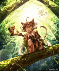 Rule 34 | 2girls, :3, ahoge, animal ears, backlighting, bare shoulders, bell, black choker, black legwear, breasts, cat ears, cat girl, cat tail, choker, cleavage, collarbone, company name, cygames, day, detached sleeves, dress, facing away, fang, forest, from below, full body, glowing, glowing eyes, gold trim, green dress, grey hair, hair ornament, hairband, halterneck, holding, jingle bell, jumping, lens flare, long sleeves, looking at viewer, madogawa, medium hair, moss, multiple girls, nature, neck bell, official art, open mouth, outdoors, plant, puffy sleeves, red dress, shadowverse, shama (shadowverse), shamu (shadowverse), single thighhigh, small breasts, smile, squatting, staff, sunlight, tail, thighhighs, tree, two-handed, v-shaped eyebrows, vines, yellow eyes
