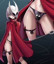 Rule 34 | 1girl, arms behind back, black panties, blue eyes, bob cut, cloak, commentary request, contrapposto, gluteal fold, grey hair, highres, hollow knight, hornet (hollow knight), humanization, mask, medium hair, nail (hollow knight), needle (hollow knight), nicomamu, panties, red cloak, solo, spanish commentary, string, thigh strap, underwear
