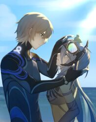 Rule 34 | 1boy, 1girl, black wetsuit, blonde hair, blue eyes, character request, closed mouth, elbow gloves, from side, gloves, goggles, goggles on head, grey eyes, grey gloves, grey hair, grey shirt, hair between eyes, hands on another&#039;s face, hands on another&#039;s head, highres, horizon, lee: hyperreal (punishing: gray raven), lee (punishing: gray raven), long hair, looking at another, midriff, ocean, parted lips, punishing: gray raven, shanghanhanshang, shirt, short hair, sky, sleeveless, sleeveless shirt, snorkel, watch, wristwatch