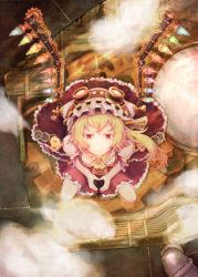Rule 34 | 1girl, amekosame, blonde hair, fang, female focus, flandre scarlet, from above, gears, goggles, goggles on head, hat, highres, long hair, looking at viewer, red eyes, side ponytail, sitting, smile, solo, steam, steampunk, touhou, wings