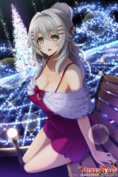 Rule 34 | 1girl, bare shoulders, blush, breasts, cleavage, dress, female focus, folded ponytail, green eyes, grey hair, hair ornament, highres, hisen kaede, huge breasts, kikyou-0423, long hair, looking at viewer, nail polish, night, official art, open mouth, ponytail, sitting, smile, solo, venus blade