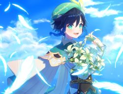 Rule 34 | 1boy, androgynous, beret, black hair, blue hair, blush, bow, braid, cape, cloud, cloudy sky, collared cape, collared shirt, commentary request, corset, day, feathers, flower, frilled sleeves, frills, genshin impact, gradient hair, green eyes, green hat, hat, hat flower, highres, holding, holding flower, leaf, long sleeves, looking at viewer, male focus, multicolored hair, open mouth, outdoors, shirt, short hair with long locks, sky, smile, solo, tamakibi, twin braids, venti (genshin impact), white flower, white shirt