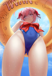 Rule 34 | 1girl, absurdres, alternate costume, angry, antenna hair, azur lane, blue one-piece swimsuit, blue sky, blush, breasts, cang se ye hua, closed mouth, commentary request, covered navel, day, double bun, flower, from below, glaring, hair bun, hair flower, hair ornament, highres, innertube, long hair, looking at viewer, looking down, mutsuki face (azur lane), one-piece swimsuit, photoshop (medium), pink hair, purple eyes, red flower, red ribbon, revision, ribbon, saratoga (azur lane), school swimsuit, sky, solo, standing, swim ring, swimsuit, water drop