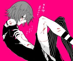 Rule 34 | 1boy, awara kayu, blood, commentary request, dress, from side, hair ornament, hand up, knees up, looking at viewer, male focus, nail polish, pink background, pink nails, roman numeral, sad, short hair, sideways glance, simple background, solo, stitches, striped legwear, suzuya juuzou, tokyo ghoul, tokyo ghoul:re, torn clothes, torn dress, translation request