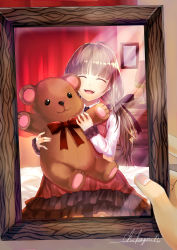Rule 34 | 1girl, absurdres, bad id, bad pixiv id, blunt bangs, brown hair, closed eyes, curtains, highres, holding, holding photo, holding stuffed toy, lamp, long sleeves, mochidukii, nail polish, on bed, open mouth, original, photo (object), pink nails, red curtains, red skirt, signature, skirt, smile, stuffed animal, stuffed toy, teddy bear