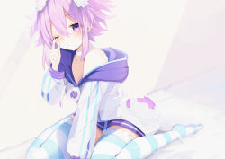 Rule 34 | 1girl, ;(, absurdres, between legs, blush, buran buta, choker, d-pad, d-pad hair ornament, frown, hair between eyes, hair ornament, hand between legs, hand up, highres, hood, hooded jacket, jacket, looking at viewer, neptune (neptunia), neptune (series), no shoes, off shoulder, on bed, purple eyes, purple hair, rubbing eyes, short hair, sitting, sleepy, solo, striped clothes, striped thighhighs, thighhighs, usb, white choker