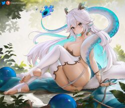 Rule 34 | 1girl, animal ears, anus, areola slip, ass, blue eyes, blue fire, blush, breasts, dragon girl, dragon horns, dragon tail, fang, fire, flame-tipped tail, fur-trimmed robe, fur trim, gloves, grass, greatodoggo, highres, horns, large breasts, leotard, long hair, looking at viewer, nail polish, panties, panty pull, patreon username, pointy ears, pussy, pussy peek, robe, skin fang, smile, soles, solo, stirrup legwear, tail, thighhighs, toeless legwear, toenail polish, toenails, toes, twitter username, underwear, vei (vtuber), vei (vtuber) (sky empress), very long hair, virtual youtuber, vshojo, white hair, white leotard, white thighhighs