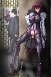 Rule 34 | 1boy, 1girl, censored, exhibitionism, fate/grand order, fate (series), looking at viewer, peeing, public indecency, puddle, pussy, red eyes, scathach (fate), smile, standing, steam, v