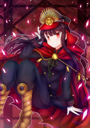 Rule 34 | 1girl, black hair, boots, cape, crest, family crest, fate/grand order, fate (series), gloves, grin, hat, highres, koha-ace, long hair, military, military uniform, oda nobunaga (fate), oda nobunaga (koha-ace), red eyes, shako cap, sitting, smile, soda (sodachuxd), solo, uniform