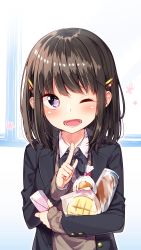 Rule 34 | 1girl, ;d, absurdres, aikawa sora, black bow, black ribbon, blazer, blush, bow, bread, brown hair, collared shirt, commentary, food, hair ornament, hairclip, highres, holding, holding food, index finger raised, indoors, jacket, juice box, looking at viewer, melon bread, muffin, one eye closed, open mouth, original, purple eyes, ribbon, sakuragi ren, sandwich, school uniform, shirt, smile, snack, solo, sweater, upper body, white shirt, window