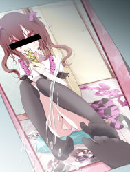 Rule 34 | 1girl, bad id, bad pixiv id, bar censor, between legs, black thighhighs, brown hair, camera phone, cellphone, cellphone photo, censored, character censor, cum, cum on object, cum on picture, cumtribute, feet, female masturbation, hand between legs, himekaidou hatate, identity censor, masturbation, mirror, novelty censor, oouso, phone, photo (object), reflection, selfie, socks, solo, thighhighs, touhou, twintails, unworn clothes