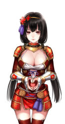 Rule 34 | 1girl, armor, black hair, bracer, breasts, brown eyes, cleavage, closed mouth, cowboy shot, faulds, flower, gorget, hair flower, hair ornament, hairband, heart, heart hands, ii naotora (sengoku musou), kangetsu (fhalei), large breasts, long hair, looking at viewer, low twintails, mole, mole on breast, pauldrons, red thighhighs, sengoku musou, shoulder armor, simple background, solo, standing, thigh gap, thighhighs, twintails, white background