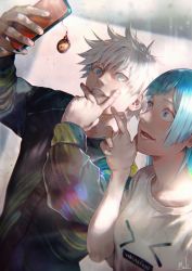 Rule 34 | 1boy, 1girl, absurdres, black jacket, blue eyes, blue hair, blurry, blurry background, blush, cellphone, crossed fingers, glint, gojou satoru, hand up, highres, holding, holding phone, jacket, jujutsu kaisen, charm (object), kyuuba melo, leaning to the side, long hair, long sleeves, looking at phone, looking at viewer, looking to the side, miwa kasumi, open mouth, outstretched arm, phone, print shirt, selfie, shirt, short hair, short sleeves, smartphone, smile, sweatdrop, teeth, upper body, v, v over mouth, white hair, white shirt, wide-eyed