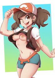 Rule 34 | 1girl, adjusting clothes, adjusting headwear, backpack, bag, breasts, brown eyes, brown hair, clothes lift, creatures (company), elaine (pokemon), female focus, game freak, hat, highres, matching hair/eyes, medium breasts, midriff, navel, nintendo, nipples, no bra, one eye closed, open mouth, pokemon, pokemon lgpe, ponytail, rainbowscreen, shirt lift, shorts, simple background, smile, solo