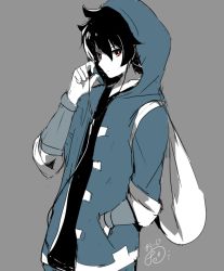 Rule 34 | 1boy, black hair, bright pupils, collarbone, commentary request, earbuds, earphones, grey background, hand in pocket, herunia kokuoji, hood, hoodie, listening to music, male focus, nintendo, red eyes, short hair, signature, simple background, solo, upper body, warioware, white pupils, young cricket