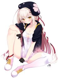 1girl ass black_gloves black_headwear black_jacket braid breasts brown_hair cleavage cleavage_cutout clothing_cutout collarbone copyright_request dress female_focus flower frills full_body gloves hair_flower hair_ornament half_gloves heart heart_print highres holding holding_pen indie_virtual_youtuber jacket knee_up large_breasts long_hair looking_at_viewer open_clothes open_jacket orange_eyes original pen sasahara_wakaba shoes simple_background single_thighhigh sitting sneakers solo thighhighs very_long_hair virtual_youtuber white_background white_dress white_thighhighs