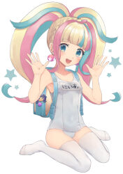 Rule 34 | 1girl, :d, ahoge, backpack, bad id, bad twitter id, bag, bag charm, bare shoulders, blonde hair, blue bag, blue eyes, blue hair, blunt bangs, blush, braid, breasts, character charm, charm (object), covered navel, crown braid, daia (pri chan), earrings, full body, hands up, highres, jewelry, kiratto pri chan, kuro daia (pri chan), long hair, looking at viewer, multicolored hair, name tag, no shoes, old school swimsuit, one-piece swimsuit, open hands, open mouth, pink hair, pretty series, randoseru, school swimsuit, shiyurinpu, sidelocks, simple background, sitting, small breasts, smile, solo, star (symbol), streaked hair, swimsuit, thighhighs, twintails, very long hair, wariza, white one-piece swimsuit, white thighhighs