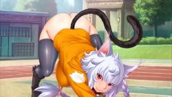 Rule 34 | 00s, 1girl, animal ears, animal hands, ass, blush, bottomless, breasts, cat ears, cat girl, cat paws, cat tail, crakul, female focus, large breasts, lilith-soft, nobushito kuro, red eyes, solo, tail, taimanin (series), taimanin asagi, taimanin asagi kessen arena, thighhighs, white hair