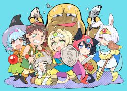 Rule 34 | 2boys, 5girls, ahoge, alpina (peaky hikers), alternate costume, alternate size, animal, animal ears, animal nose, armor, bags under eyes, bald, belt, bikini armor, black eyes, black hair, blonde hair, blue background, blue cape, blue eyes, blue hair, blue tunic, blush, bodysuit, bracer, breasts, brown belt, brown footwear, cape, cat ears, cat girl, cat tail, circlet, cleavage, clenched hands, clenched teeth, colored inner hair, colored skin, commentary request, cosplay, cosplay request, crescent, crescent facial mark, crying, dragon quest, dress, elbow gloves, facial mark, fang, fish, frown, full body, gloves, green dress, green eyes, green tunic, grey hair, grimace, hair intakes, hair over one eye, half-closed eyes, hat, helmet, heterochromia, highres, holding, holding animal, holding fish, holding shield, holding staff, holding sword, holding weapon, jewelry, keenu (winterz.), kneeling, large breasts, long hair, meiro (peaky hikers), mode aim, monkey girl, monkey tail, multicolored hair, multiple boys, multiple girls, necklace, nervous, ohitori (o hitori sama 1), omochi (winterz.), one eye covered, open mouth, orange cape, orange eyes, peaky hikers, peanuts-kun, pearl necklace, pendant, pink cape, pink hair, ponpoko (vtuber), ponytail, princess, rabbit ears, rabbit girl, raccoon ears, raccoon girl, raccoon tail, red eyes, red footwear, red gloves, red hair, scar, scar across eye, scared, shield, short hair, simple background, smirk, staff, standing, streaming tears, sword, tail, tareme, tearing up, tears, teeth, toshiya (winterz.), turn pale, v-shaped eyebrows, virtual youtuber, weapon, wet, white hair, white tunic, winterz., witch hat, yellow bodysuit, yellow dress, yellow footwear, yellow gloves, yellow skin