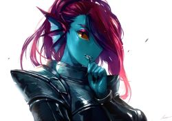Rule 34 | 1girl, armor, black nails, blue skin, colored sclera, colored skin, fins, hair over one eye, hand up, head fins, looking at viewer, maa tc, monster girl, nail polish, parted lips, pink hair, signature, simple background, teeth, undertale, undyne, upper body, white background, yellow sclera