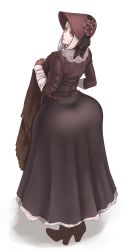 Rule 34 | 1girl, absurdres, ass, ass focus, back, backboob, bloodborne, breasts, clothes, doll, dress, female focus, from software, highres, huge ass, long dress, looking back, medium breasts, pale skin, plain doll, simple background, solo, sunnysundown, sweat, white background, white hair