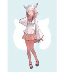 Rule 34 | 10s, 1girl, :o, arm at side, bird tail, bird wings, black footwear, blue background, blunt bangs, buttons, collar, drawstring, frilled sleeves, frills, full body, fur collar, gloves, gradient hair, hand on own chest, head wings, highres, japanese crested ibis (kemono friends), japari symbol, jitome, kemono friends, long sleeves, looking at viewer, mary janes, multicolored background, multicolored hair, music, open mouth, pantyhose, pleated skirt, red gloves, red hair, red pantyhose, red skirt, saino (sainoomisaki), shirt, shoes, short hair, short hair with long locks, sidelocks, singing, skirt, solo, standing, tail, two-tone background, two-tone hair, white background, white hair, white shirt, wide sleeves, wings, yellow eyes