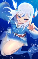 Rule 34 | 1girl, absurdres, air bubble, blue eyes, blue hair, blush, bubble, claw pose, fins, fish tail, gawr gura, gawr gura (1st costume), hair ornament, highres, hololive, hololive english, hood, hoodie, long hair, long sleeves, multicolored hair, nail polish, nyancul, open mouth, shark girl, shark hair ornament, shark tail, sharp teeth, smile, solo, streaked hair, tail, teeth, thick thighs, thighs, two side up, underwater, v-shaped eyebrows, virtual youtuber, water, white hair