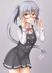 Rule 34 | 1girl, adjusting eyewear, anti (untea9), bespectacled, blush, bow, buttons, double-breasted, glasses, grey background, grey hair, highres, kantai collection, kasumi (kancolle), looking at viewer, one-hour drawing challenge, open mouth, red bow, semi-rimless eyewear, side ponytail, simple background, solo, thighs, yellow eyes