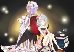 Rule 34 | 2girls, absurdres, alternate costume, back-to-back, bare legs, bare shoulders, barefoot, bat wings, blue hair, book, book stack, bow, chair, crescent, cup, dress, closed eyes, flower, full body, gown, hair flower, hair ornament, hat, highres, light, light purple hair, magic circle, mob cap, multiple girls, no headwear, no headwear, orange eyes, panties, pantyshot, patchouli knowledge, purple eyes, remilia scarlet, saku shin, shiyuu eriisago, sitting, star-shaped pupils, star (symbol), symbol-shaped pupils, teacup, toes, touhou, underwear, wings, yuri