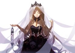 Rule 34 | 1girl, ^ ^, arms up, ask (askzy), black dress, blonde hair, breasts, cleavage, closed eyes, closed mouth, collarbone, detached collar, dress, earrings, ereshkigal (fate), fate (series), jewelry, long hair, medium breasts, shadow, simple background, skull, smile, solo, tiara, tohsaka rin, twintails, veil, very long hair, white background