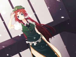 Rule 34 | 1girl, bad id, bad pixiv id, blue eyes, braid, breath, chinese clothes, colored eyelashes, dutch angle, eyelashes, female focus, hat, hijiri (resetter), hiz (pixiv), hong meiling, long hair, red hair, ribbon, short sleeves, side slit, snow, solo, embodiment of scarlet devil, touhou, twin braids, winter