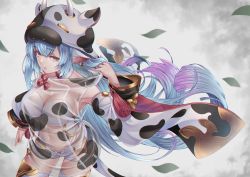 Rule 34 | 1girl, absurdres, animal ears, animal hood, animal print, blue hair, brown eyes, cape hold, catura (granblue fantasy), collarbone, commentary, cow ears, cow hood, cow print, cow tail, earrings, eyelashes, film grain, fingernails, gold trim, gradient hair, granblue fantasy, hair between eyes, highres, hood, horns, horns through headwear, huge filesize, jewelry, long sleeves, looking at viewer, multicolored eyes, multicolored hair, nail polish, navel, noro assumed, paper, parted lips, purple eyes, purple hair, see-through, solo, tail, white legwear, wide sleeves, yellow eyes, yellow nails